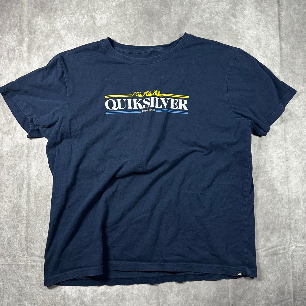 Quiksilver Mens XL Navy Blue Graphic Logo T-Shirt‎ Cotton Short Sleeve Surf Tee